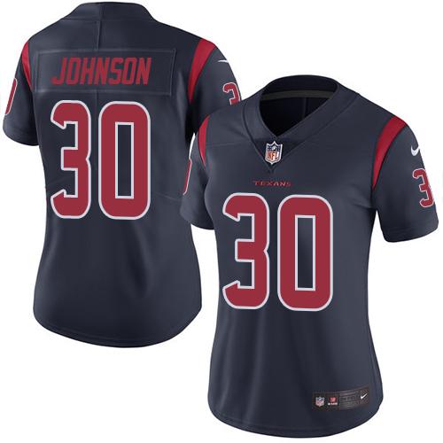Nike Texans #30 Kevin Johnson Navy Blue Women's Stitched NFL Limited Rush Jersey - Click Image to Close